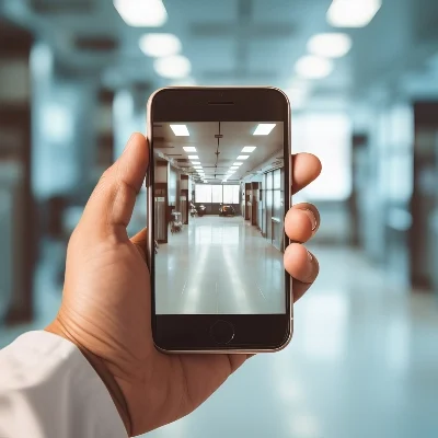 A hand holds a smartphone with a photo of a hallway, showcasing surveillance skills as the real hallway appears blurred behind.
