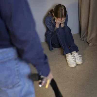 A young girl covers her face on the floor as an adult stands nearby holding a belt, highlighting a case for private investigator services.