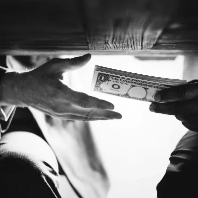 Discreet cash exchange under a table, suggesting covert or illicit activity—a scene often uncovered by professional private investigators.