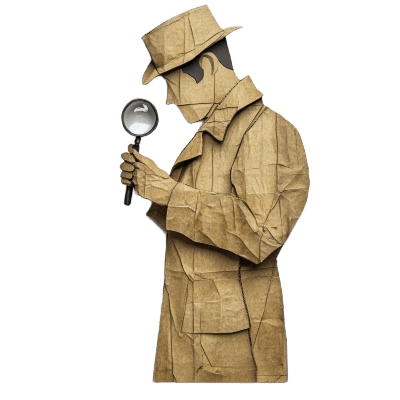 Brown paper silhouette of a private investigator in coat and hat, inspecting with magnifying glass—perfect for detective agency branding.