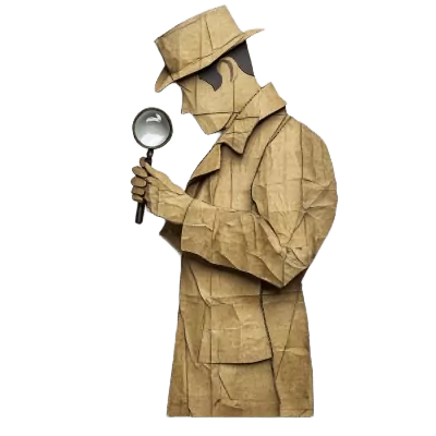 Brown paper silhouette of a private investigator in coat and hat, inspecting with magnifying glass—perfect for detective agency branding.
