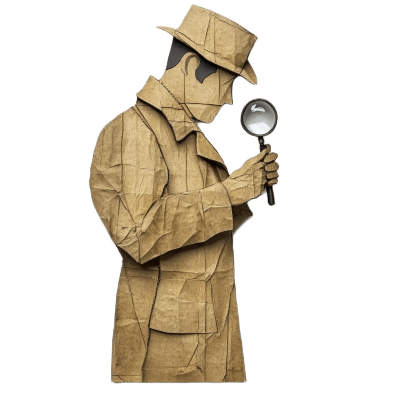 Side profile of a paper-crafted detective with magnifying glass, symbolizing expert investigation for private investigator services.