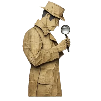 Side profile of a paper-crafted detective with magnifying glass, symbolizing expert investigation for private investigator services.