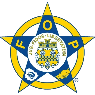 Fraternal Order of Police badge with five-pointed star, eye, handshake, and coat of arms—ideal for private investigator branding.