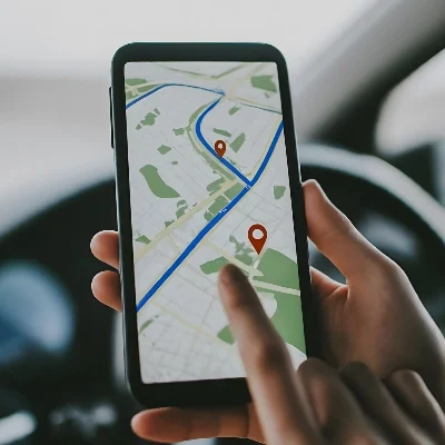 A person inside a vehicle checks a smartphone with a map app, route, and two location pins—ideal for private investigator tracking.