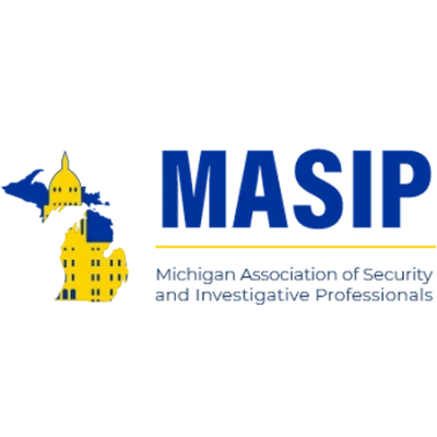 MASIP logo features blue and yellow building graphics, with text "Michigan Association of Security and Investigative Professionals." Ideal for Private Investigator services.