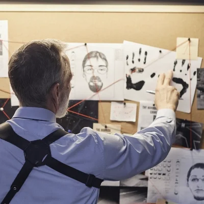A private investigator wearing a harness reviews a cork board filled with photos, documents, fingerprints, and red string evidence links.