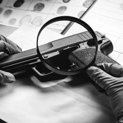 A private investigator with gloves inspects a handgun using a magnifying glass, fingerprint sheets visible in the background as evidence.