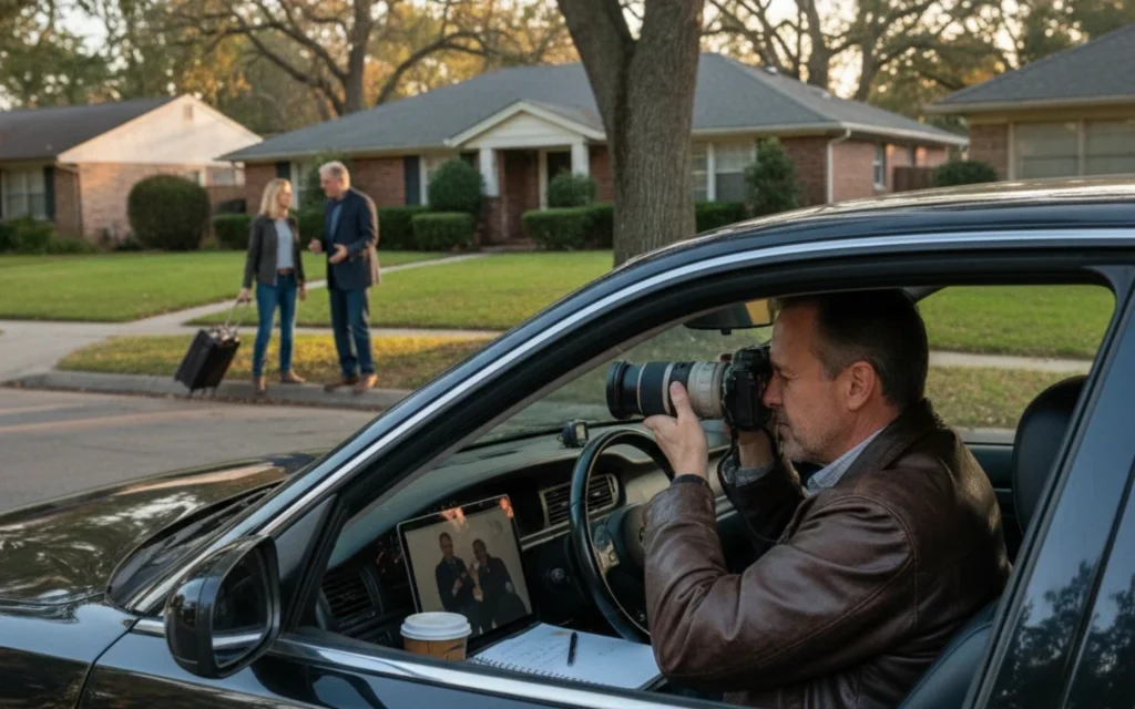 A professional private investigator discreetly takes photos from a parked car, surveilling a couple with luggage on a suburban sidewalk.