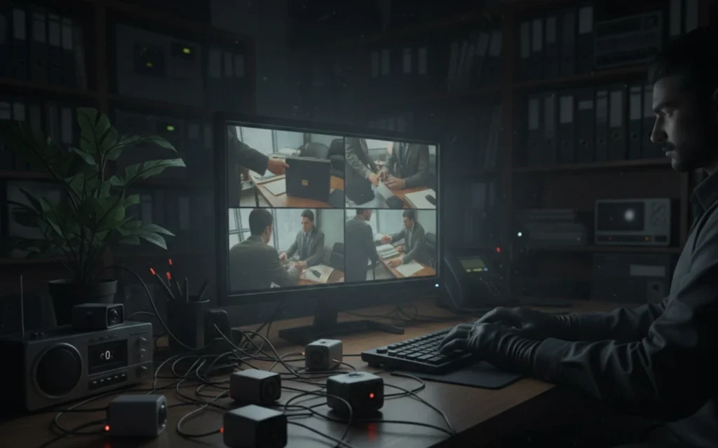 A private investigator in gloves monitors security camera feeds in a dimly lit office with surveillance tech and binders, uncovering secrets.