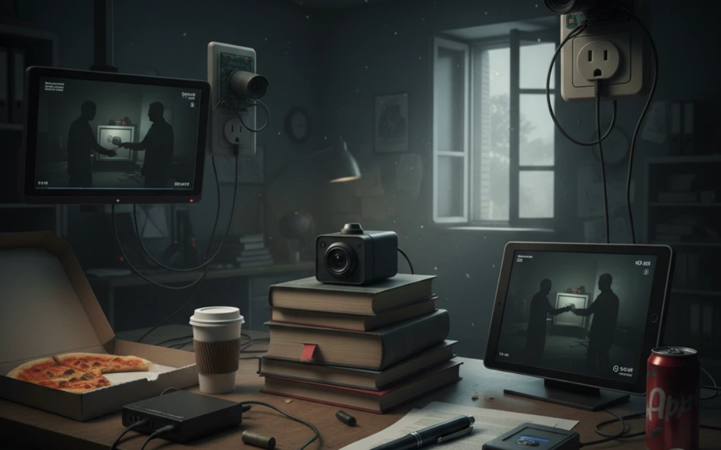 A dimly lit private investigator's office with surveillance monitors, hidden cameras, and a cluttered desk signals expert detective work.