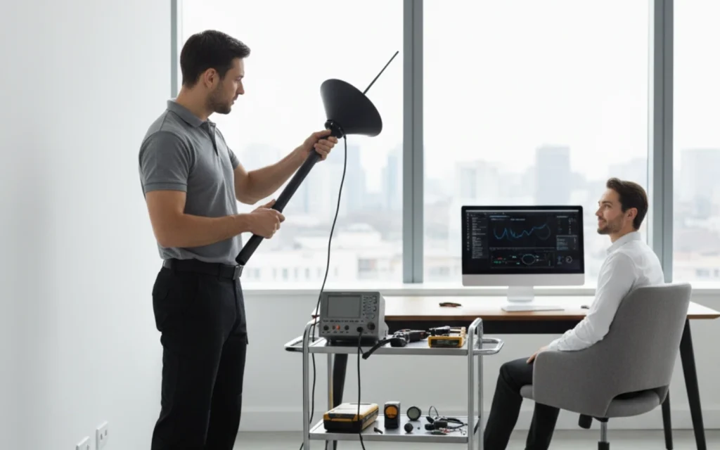 A private investigator conducts a bug sweep using a large antenna, while another analyzes privacy protection data on office equipment.