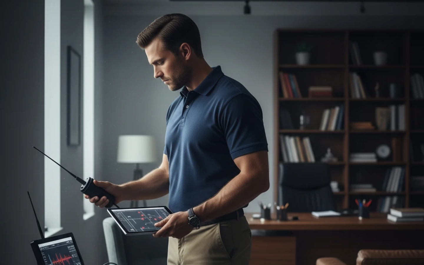 Private investigator in a navy polo shirt stands in an office holding a walkie-talkie and tablet, showing dedication to client privacy.
