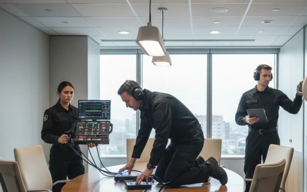 Professional investigators in uniforms perform electronic bug sweeps at a modern office, securing your privacy and confidential space.
