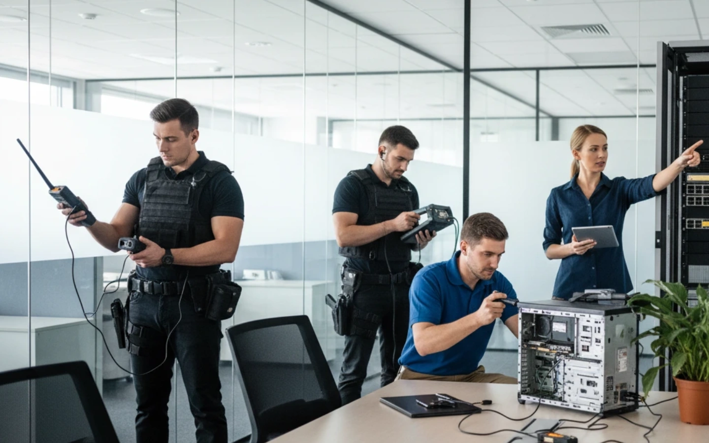 Professional private investigators in an office: tech experts sweep for threats, checking devices and computers to ensure top security.