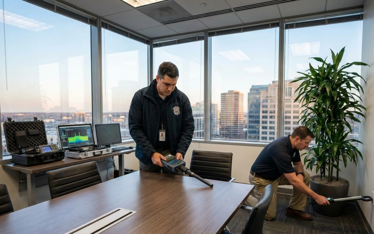 Private investigators conduct professional bug sweeps in an office, using advanced equipment to detect surveillance threats and ensure security.