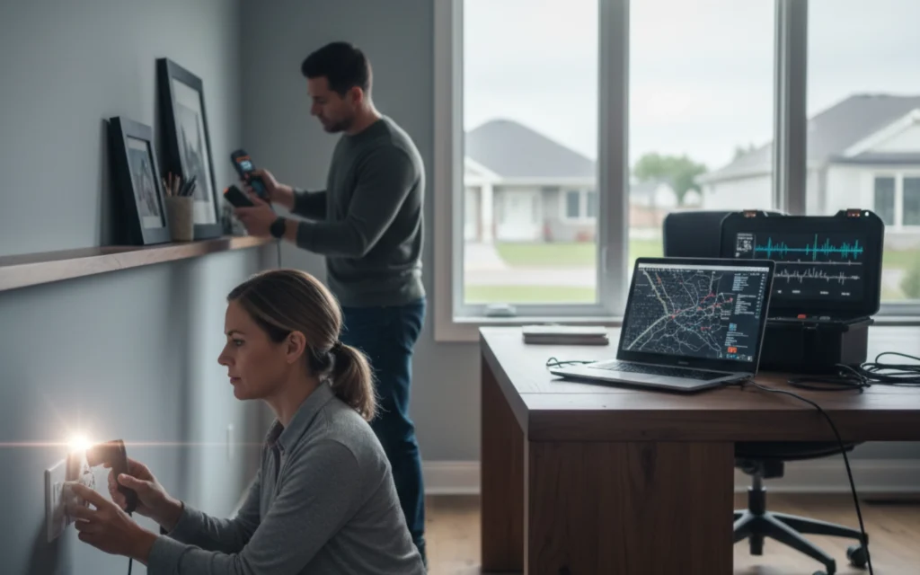 A private investigator checks an outlet for bugs, while another inspects a frame; surveillance tools and laptop visible in the office.