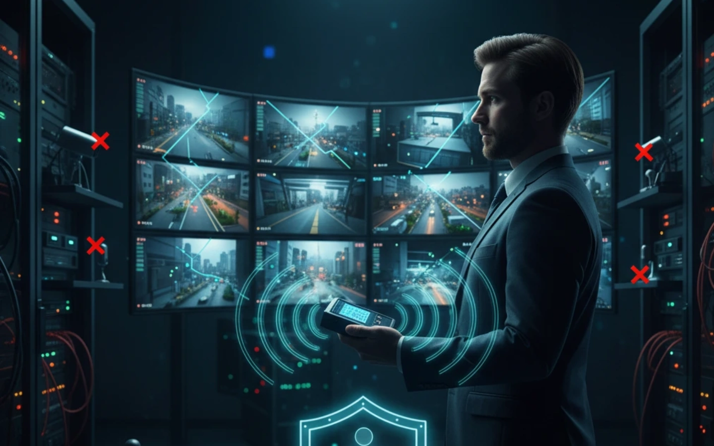 Private investigator in a surveillance room reviews city street footage on monitors, balancing effective security with privacy concerns.