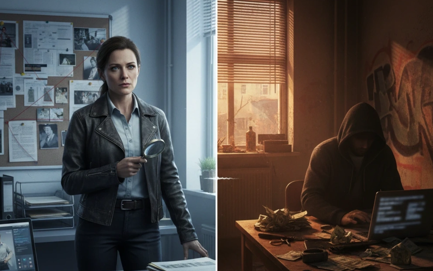 Split image: Left shows a Private Investigator analyzing an evidence board; right, a criminal with cash and laptop in a dark room.