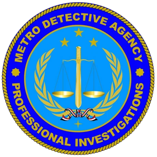 Blue and gold badge logo with sword, justice scales, laurel wreath, stars, and “Metro Detective Agency Professional Investigations” text.
