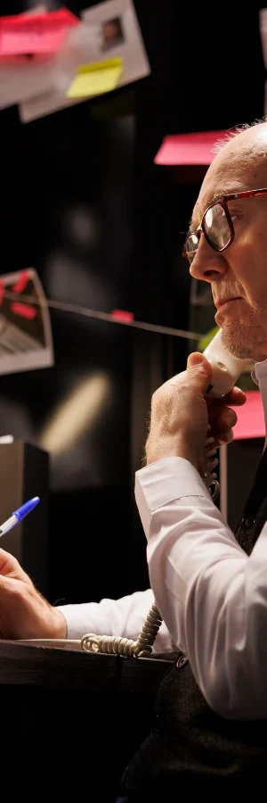 A professional private investigator in glasses talks on a corded phone at his desk, holding a pen, with case files and notes behind him.