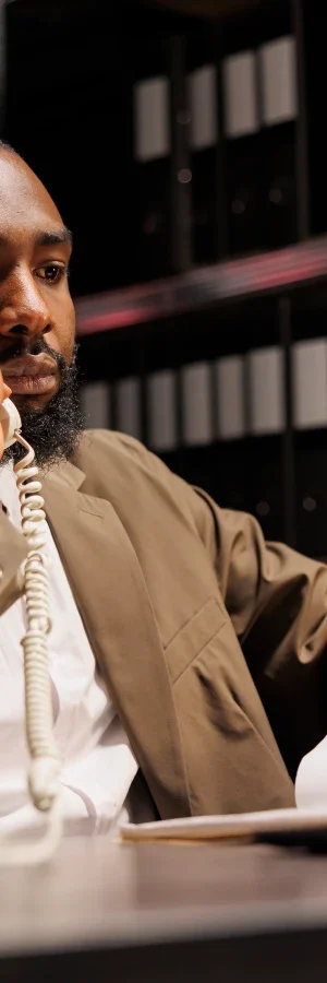Professional private investigator in a suit sits at his desk with case files and binders, speaking on a corded phone in his office.