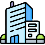 Cartoon illustration of two modern buildings, ideal for a private investigator site, with green areas on both sides in vibrant colors.