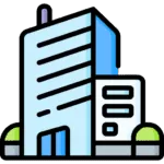 Cartoon illustration of two modern buildings, ideal for a private investigator site, with green areas on both sides in vibrant colors.