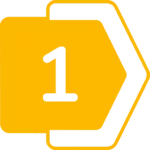 A yellow square with rounded edges showing the number 1 next to a yellow arrow, ideal for private investigator services on a light gray background.