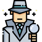 Cartoon of a private investigator in a classic hat and trench coat, holding a magnifying glass, perfect for detective agency sites.