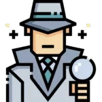 Cartoon of a private investigator in a classic hat and trench coat, holding a magnifying glass, perfect for detective agency sites.