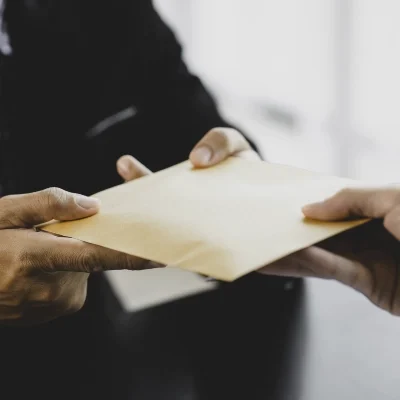 A discreet handoff of a large manila envelope between two individuals, ideal for private investigator and confidential document services.