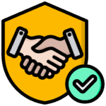 Illustration of a handshake in front of a yellow shield, featuring a green check mark—conveying trust and security for private investigator services.