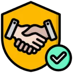 Illustration of a handshake in front of a yellow shield, featuring a green check mark—conveying trust and security for private investigator services.