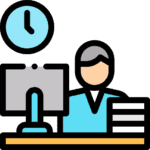 Illustration of a private investigator at a desk with a computer, case files, and a clock, representing expert investigative services.