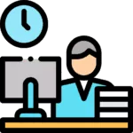 Illustration of a private investigator at a desk with a computer, case files, and a clock, representing expert investigative services.