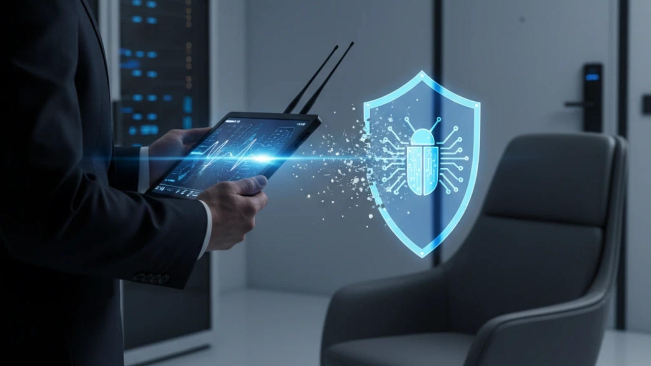 A person holding a tablet with a digital shield and bug icon, ideal for promoting private investigator or bug sweep services near me.