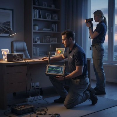 Licensed private investigators in uniform use advanced surveillance equipment and a flashlight to thoroughly inspect a home office.