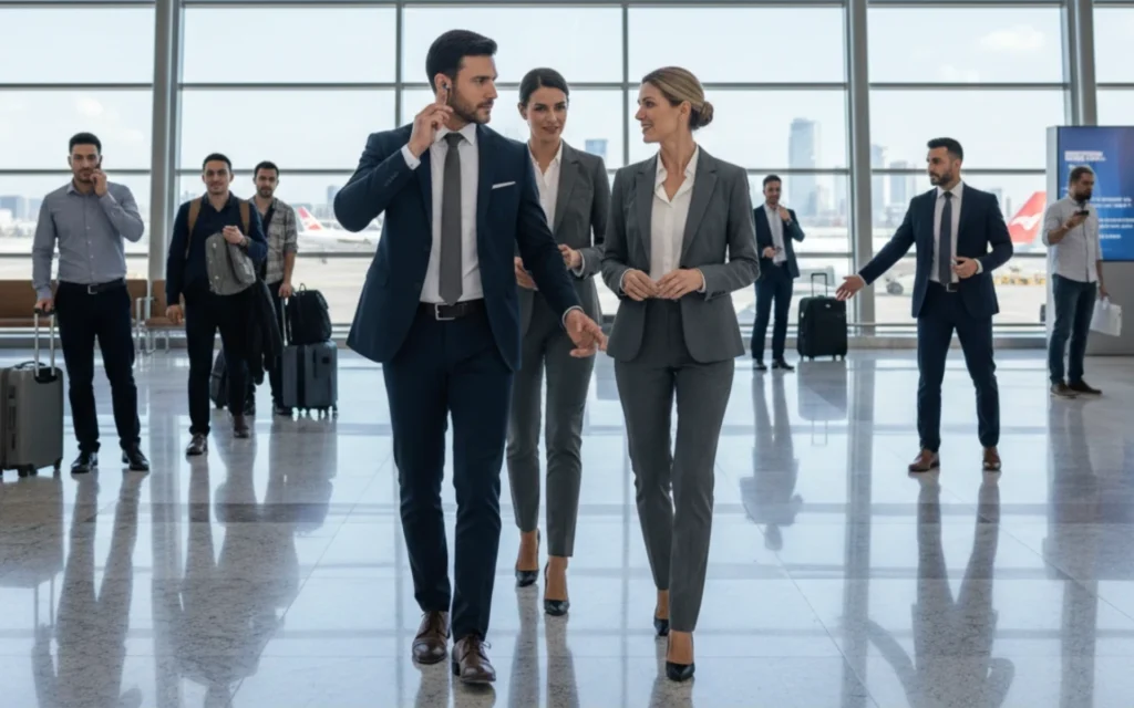 Corporate professionals in suits navigate an airport terminal with luggage as a private investigator ensures discreet, professional security.