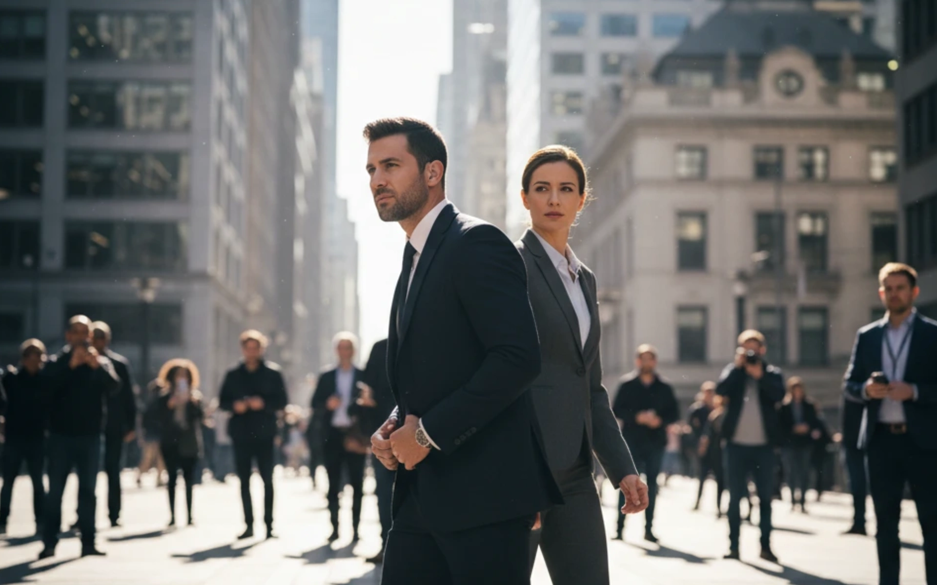 Professional private investigator providing personal protection escorts two business professionals through a crowded city street downtown.