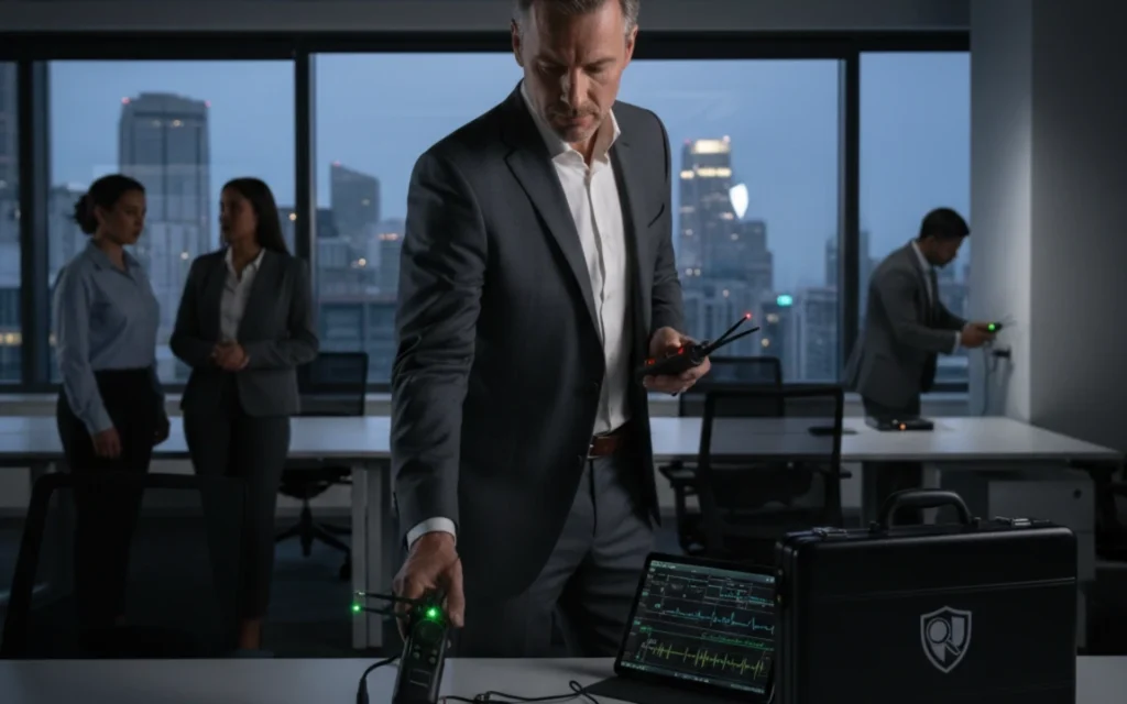 A professional private investigator inspects bug sweeping equipment in a modern office, emphasizing security and privacy protection.