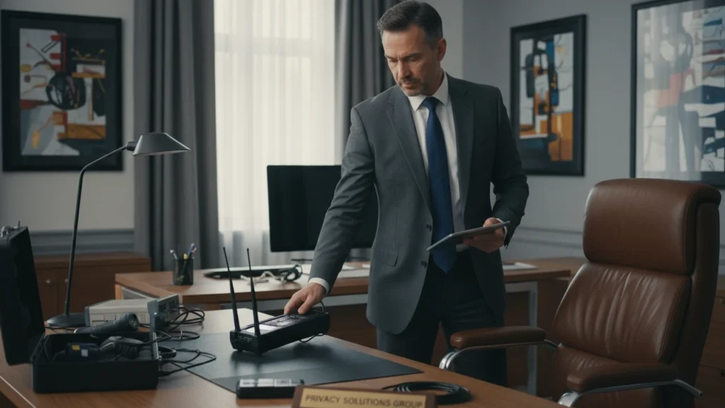 A professional private investigator in a suit inspects a wireless router with bug sweeping devices, safeguarding office privacy.