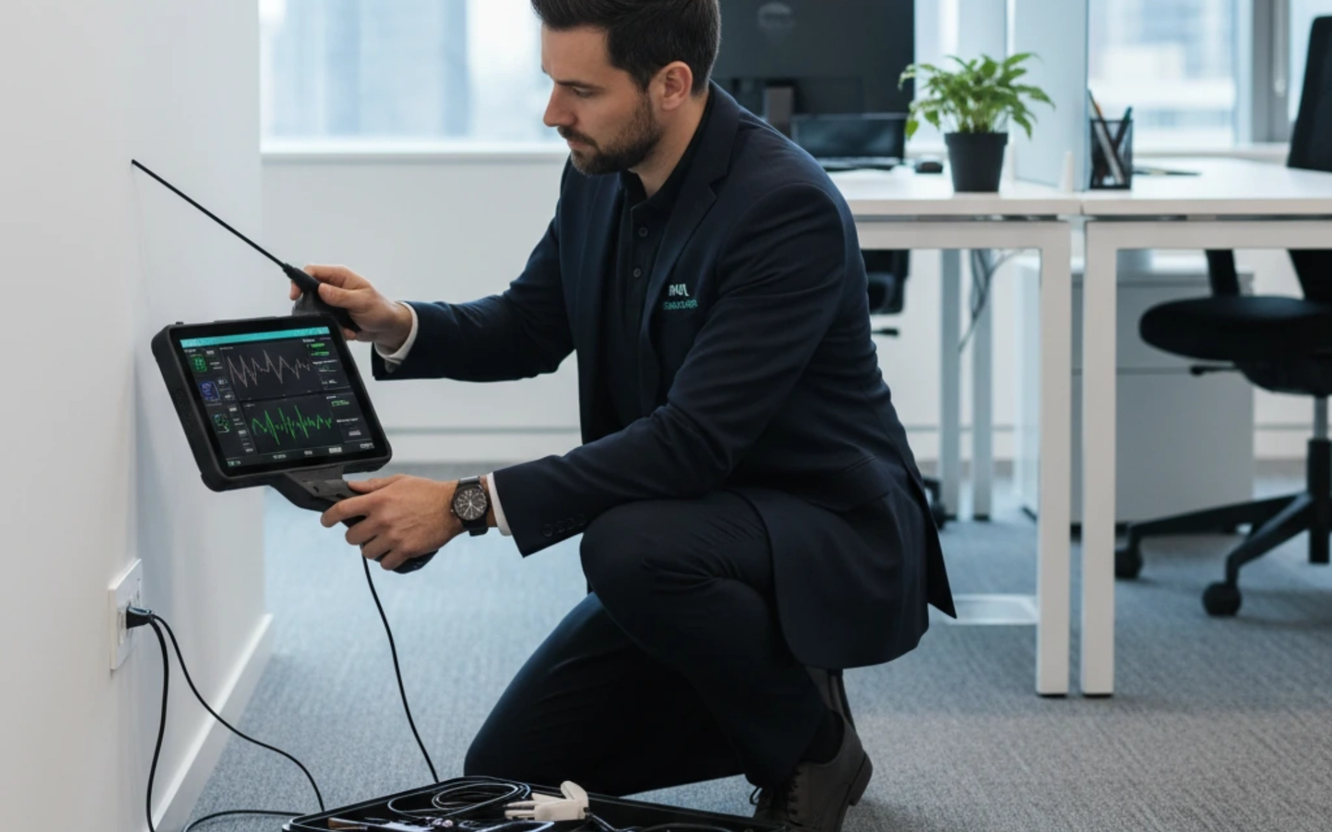 A private investigator in business attire kneels by an office outlet, using electronic gear for bug sweep and privacy protection services.
