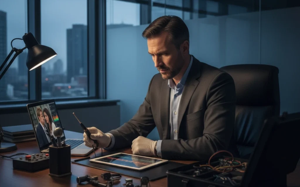A private investigator in a suit and gloves inspects a device at his office desk, using advanced techniques with electronics and laptops.