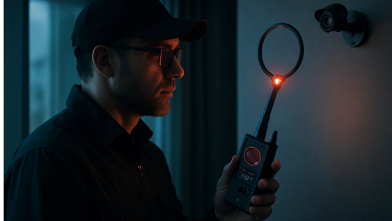 A private investigator uses a handheld electronic device with a circular sensor to scan a wall-mounted security camera for bugs and privacy protection.
