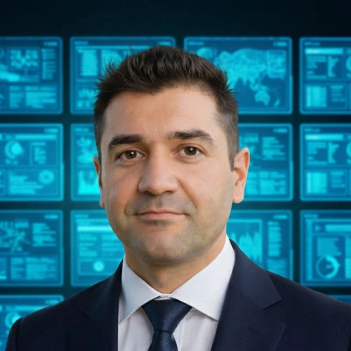 A professional private investigator in a dark suit and tie stands before digital screens showing investigative data, maps, and evidence.