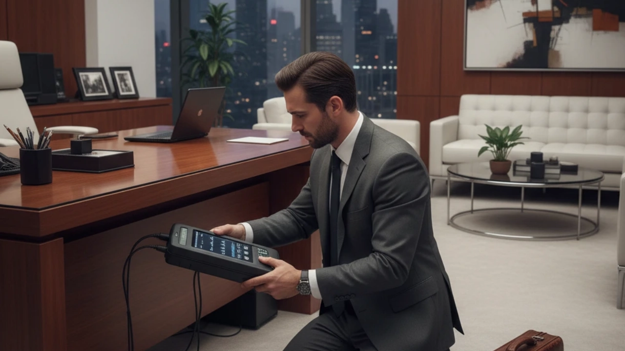 A professional private investigator in a suit kneels by an office desk, using advanced bug sweeping equipment for privacy protection.