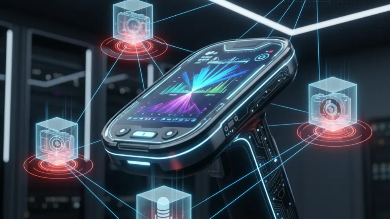 A high-tech device shows digital graphs and holograms, symbolizing expert bug sweeping and strong privacy for private investigators.