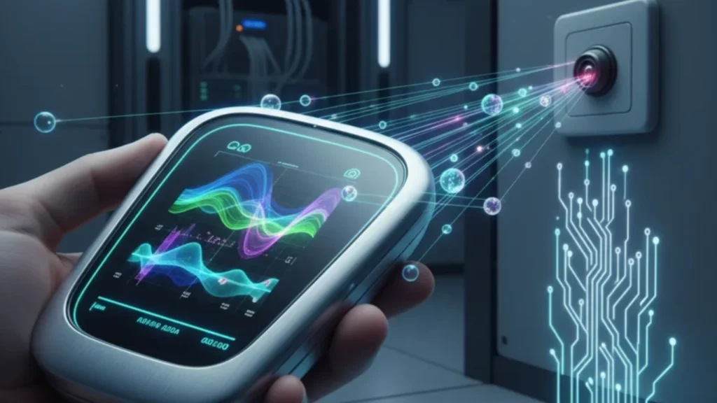 A hand uses a hi-tech bug sweep device showing data graphs, scanning for hidden bugs via signals on a circuit-lit security sensor.