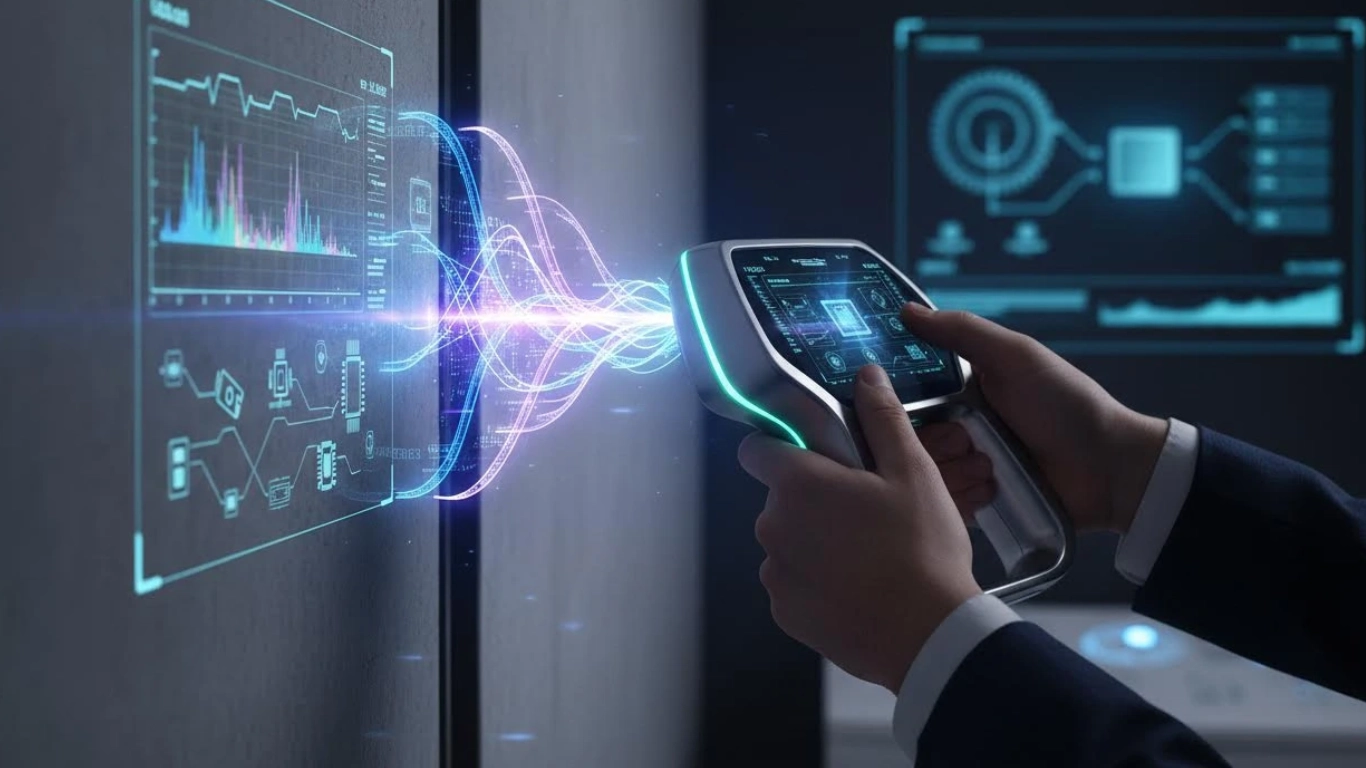 A private investigator uses advanced scanning tech on a wall, displaying digital data—high-tech bug sweep services for top security.